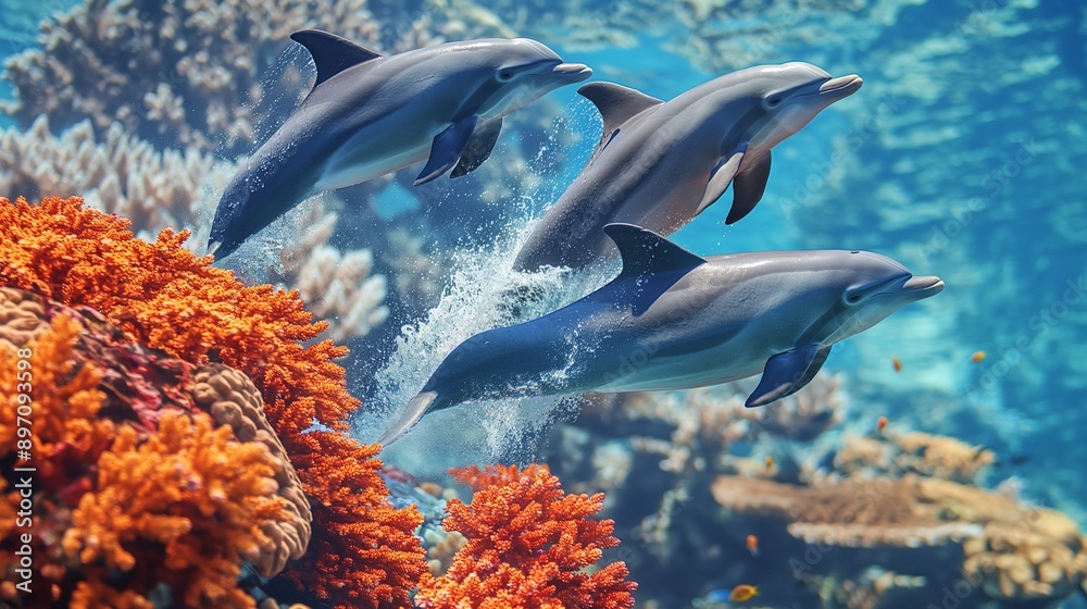 Fototapeta premium A group of playful dolphins leaping out of the water against a backdrop of a vibrant coral reef, highlighting the beauty of marine life.