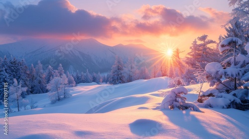 Snow-Covered Mountain Range at Sunrise
