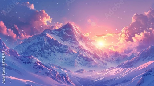 Snowy Mountain Range at Sunset with Pink Clouds