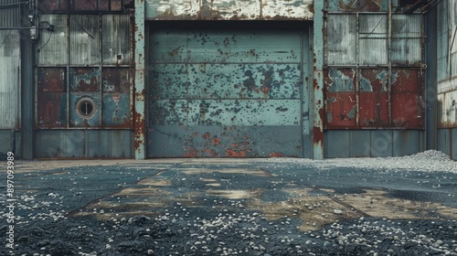 The industrial garage door shows signs of weathering and sits atop a floor covered in gravel