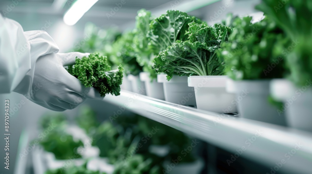 A close-up image of a hand in a white glove carefully picking fresh kale leaves from a hydroponic farming setup, emphasizing the precision and care in modern agriculture. A close-up image of a hand in a white glove carefully picking fresh kale leaves from a hydroponic farming setup, emphasizing the precision and care in modern agriculture.