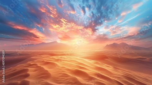 Sunset Over a Desert Landscape With Rolling Dunes and Mountains