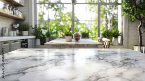 White Marble Countertop with Blurred Kitchen Background