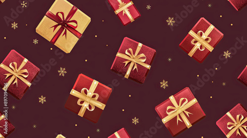 A seamless pattern featuring red and gold gift boxes tied with bows on a dark background. Ideal for holiday-themed designs and festive wrapping paper. photo