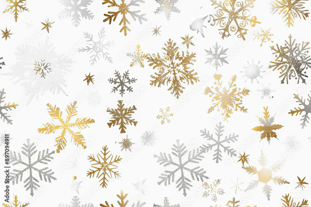 A seamless pattern featuring gold and silver snowflakes on a white background, creating an elegant and festive design ideal for holiday decorations and seasonal projects. A seamless pattern featuring gold and silver snowflakes on a white background, creating an elegant and festive design ideal for holiday decorations and seasonal projects.