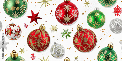 A detailed seamless pattern featuring red, green, and silver Christmas ornaments, interspersed with golden and red stars, on a white background, perfect for holiday decorations and festive designs photo