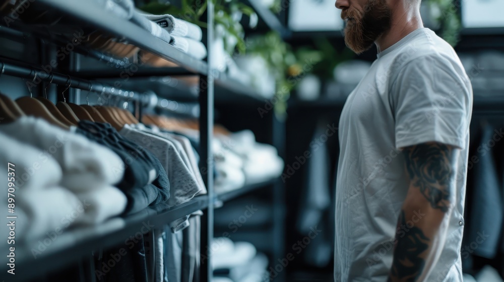 An individual browsing through clothes in a well-organized modern store, showcasing the elegance of stylish wardrobes and the attention to details in fashion selections. An individual browsing through clothes in a well-organized modern store, showcasing the elegance of stylish wardrobes and the attention to details in fashion selections.