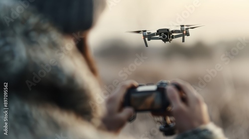 A person operates a drone with a remote control outdoors, with the drone in mid-air, capturing the sense of adventure, control, and innovative technology in a natural setting.