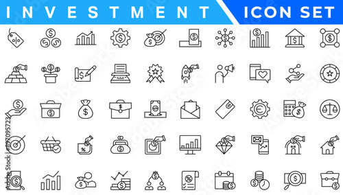 Investment icon set. Containing investor, mutual fund, asset, risk management, economy, financial gain, interest and stock icons. Solid icon collection.