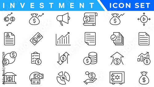 Investment icon set. Containing investor, mutual fund, asset, risk management, economy, financial gain, interest and stock icons. Solid icon collection.
