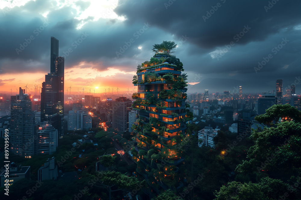 Obraz premium Emerald Towers: A Symphony of Nature and Urbanity - Generative AI