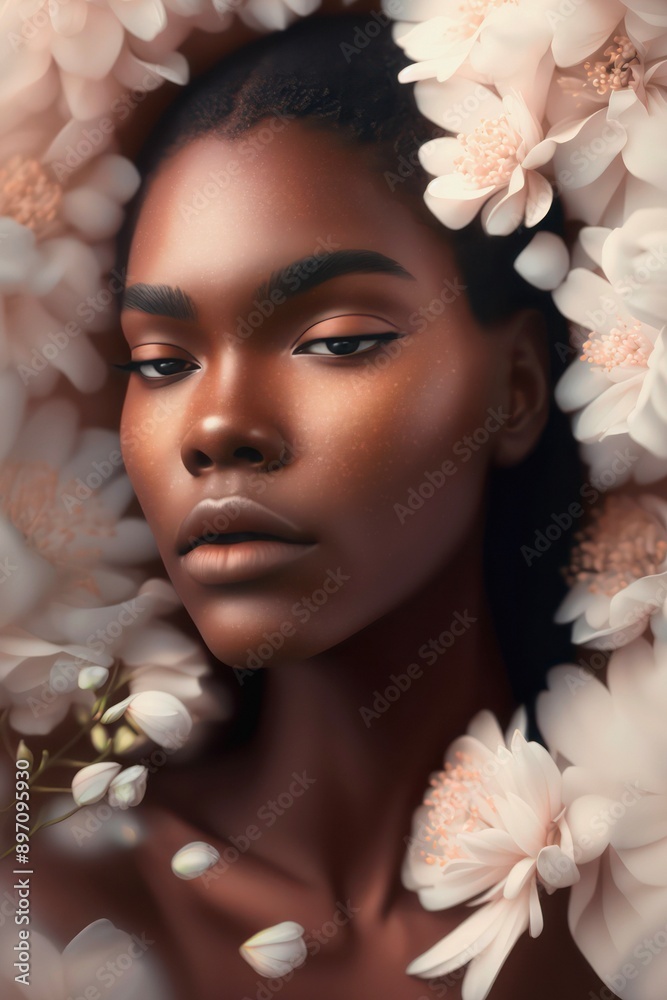 Close-up portrait of a gorgeous African American woman among white peonies. Close-up portrait of a gorgeous African American woman among white peonies.