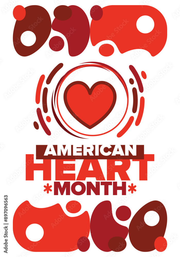 American Heart Month in United States. Celebrate annual in February. Nationwide problem of heart and blood vessel diseases. Medical healthcare concept. Support and protection campaign. Vector poster American Heart Month in United States. Celebrate annual in February. Nationwide problem of heart and blood vessel diseases. Medical healthcare concept. Support and protection campaign. Vector poster