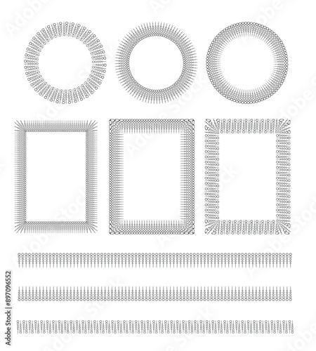 Set of abstract decorative elements: frames and lines. Black line stylish design with dots. Square and round frames.