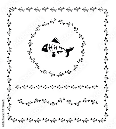 Dead fish skeletons. Set of tatto ornament with skeleton charachter. Decorative frames and lines.