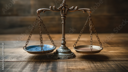 A scale with two plates on it, one blue and one brown. The scale is on a wooden table