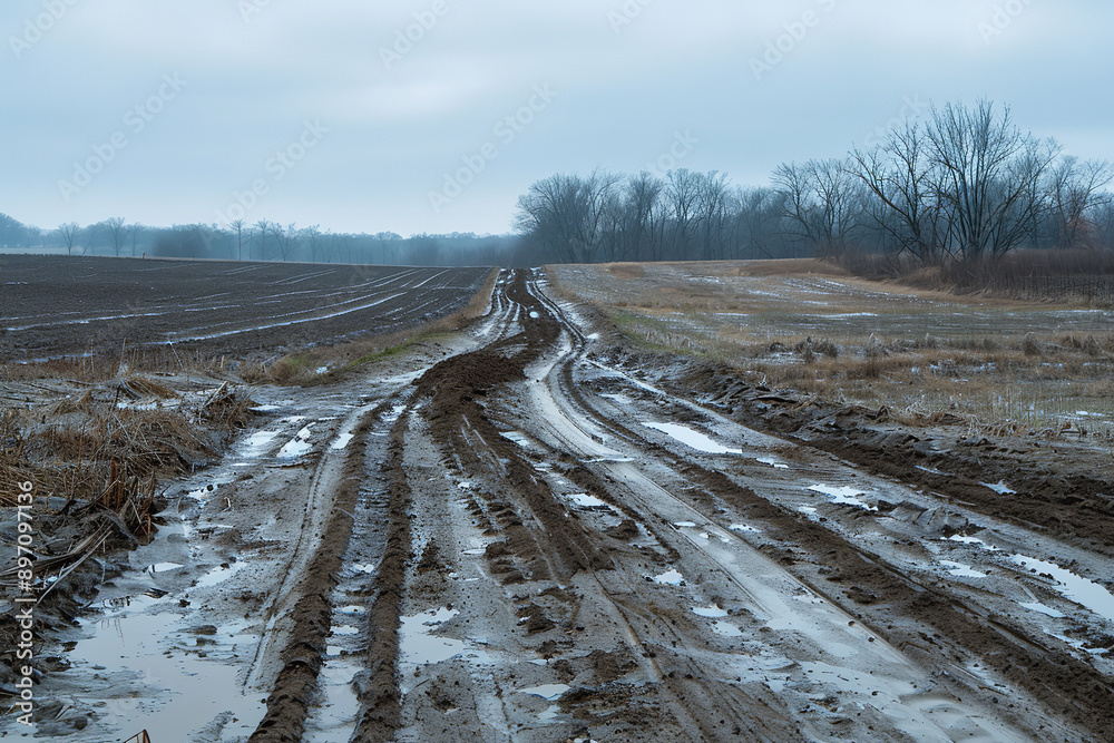Muddy Farm Road with Tire Tracks After Rain Under Gray Sky  