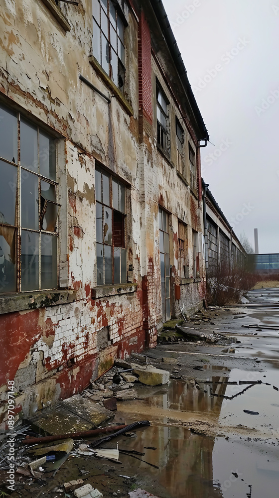 Neglected Old Factory with Peeling Paint and Industrial Waste Neglected Old Factory with Peeling Paint and Industrial Waste