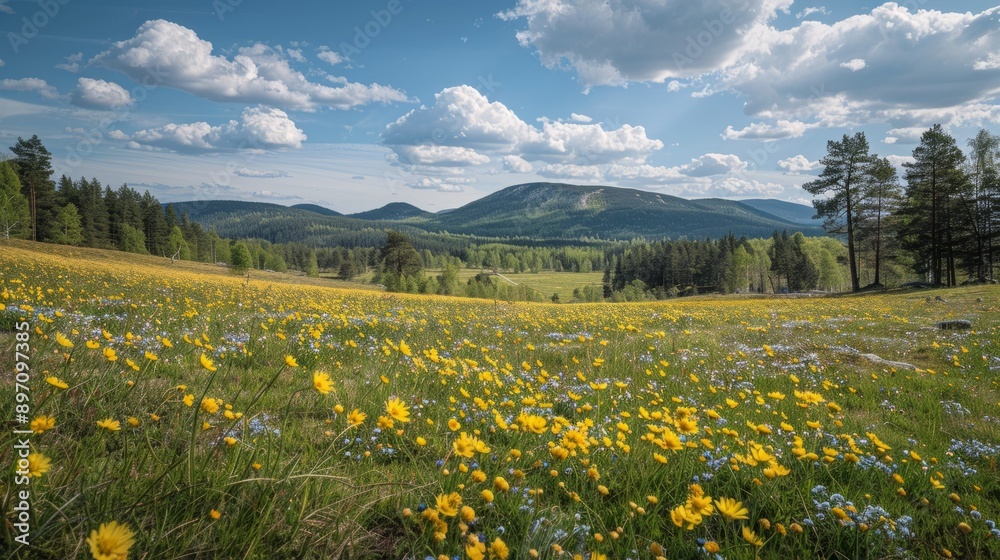 During the spring season, a colorful array of wildflowers bloom in a picturesque field, nestled between lush forests and towering mountains During the spring season, a colorful array of wildflowers bloom in a picturesque field, nestled between lush forests and towering mountains