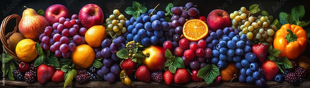 Assorted fruits and vegetables in a basket psychedelic vibrant colors intricate detail Assorted fruits and vegetables in a basket psychedelic vibrant colors intricate detail
