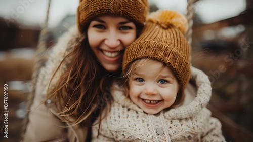 A joyful mother and her child, dressed in matching cozy winter attire, smile warmly for a photo while enjoying time outdoors together, exuding happiness and familial love.