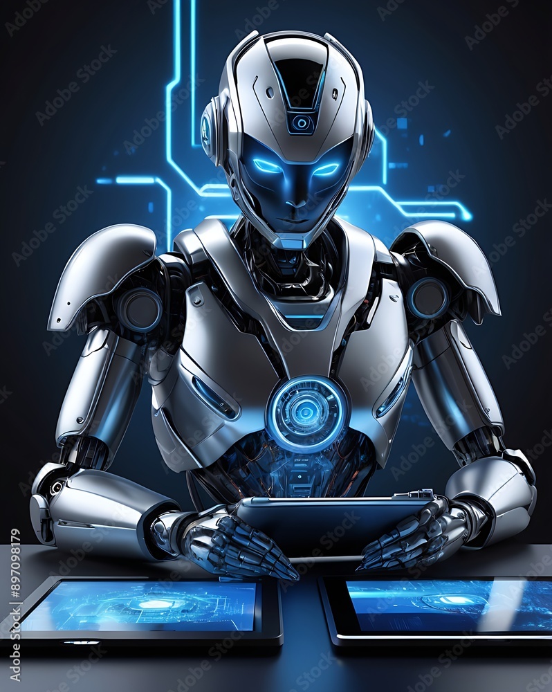 3d Robot with blue eyes, gray skin, pink arms immersed in technology. Ideal for futuristic concepts, science fiction projects, and robotics themes. 10 3d Robot with blue eyes, gray skin, pink arms immersed in technology. Ideal for futuristic concepts, science fiction projects, and robotics themes. 10