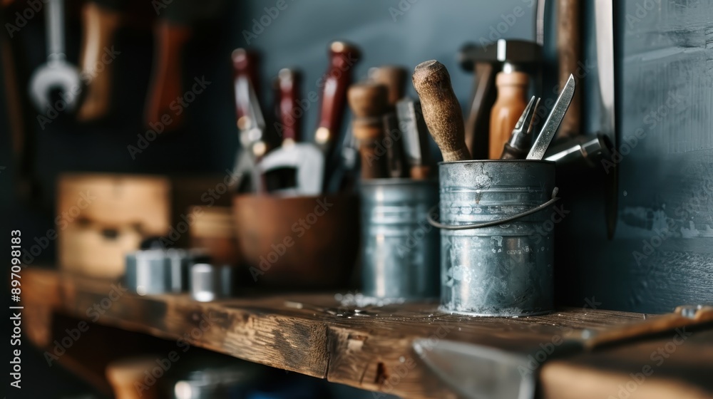 A workbench belonging to a craftsman, filled with various tools and partially completed wooden objects, reflecting a busy and organized space dedicated to woodworking. A workbench belonging to a craftsman, filled with various tools and partially completed wooden objects, reflecting a busy and organized space dedicated to woodworking.
