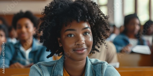 A student with curly hair sits at her desk in a traditional classroom setting