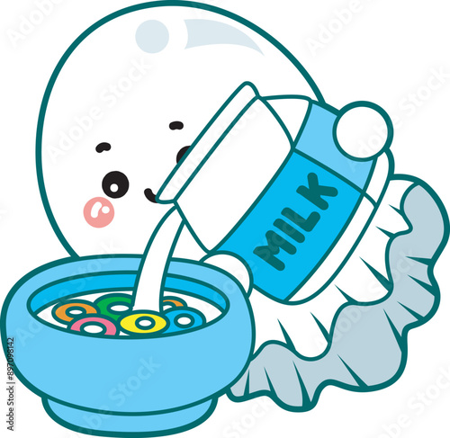 Illustration of cute white ghost icon.
Funny white ghost in activities stickers.
A cute white ghost pour a milk in the mug of cereal.