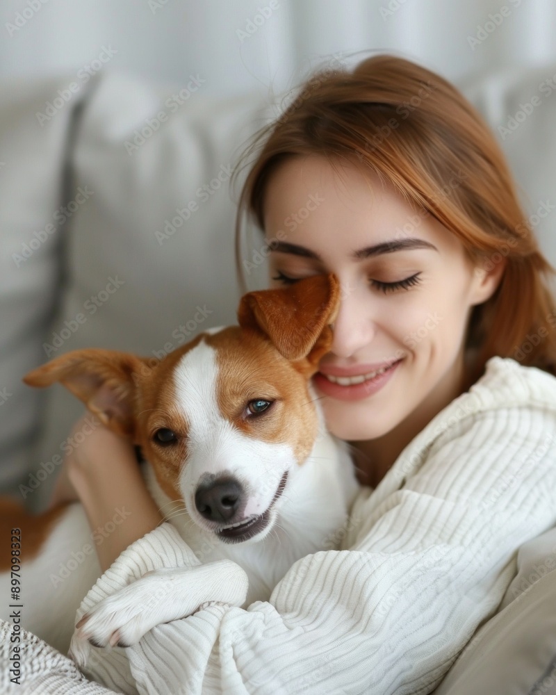 Young woman with cute Jack Russell Terrier dog on cozy sofa at home Young woman with cute Jack Russell Terrier dog on cozy sofa at home