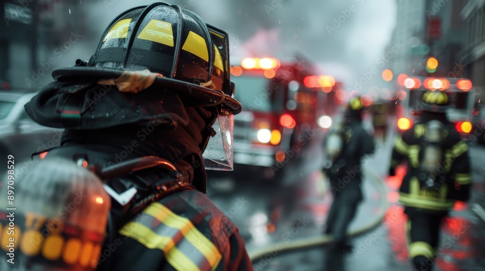 Obraz premium A firefighter clad in protective gear and helmet, actively engaged in firefighting amidst an urban blaze with hoses and engines. Captures bravery and high-risk emergency services.