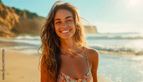 Joyful young brunette woman walks along the coast in summer. Outdoors pursuit. Beautiful girl on the beach.  © AB-lifepct