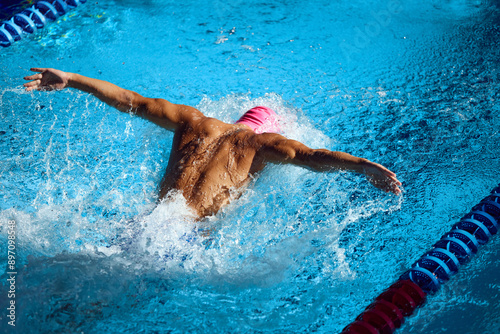 Fotografia Overhead view of athlete in pink swim cap performing butterfly stroke, showcasing strength and technique as he propel through vibrant blue pool