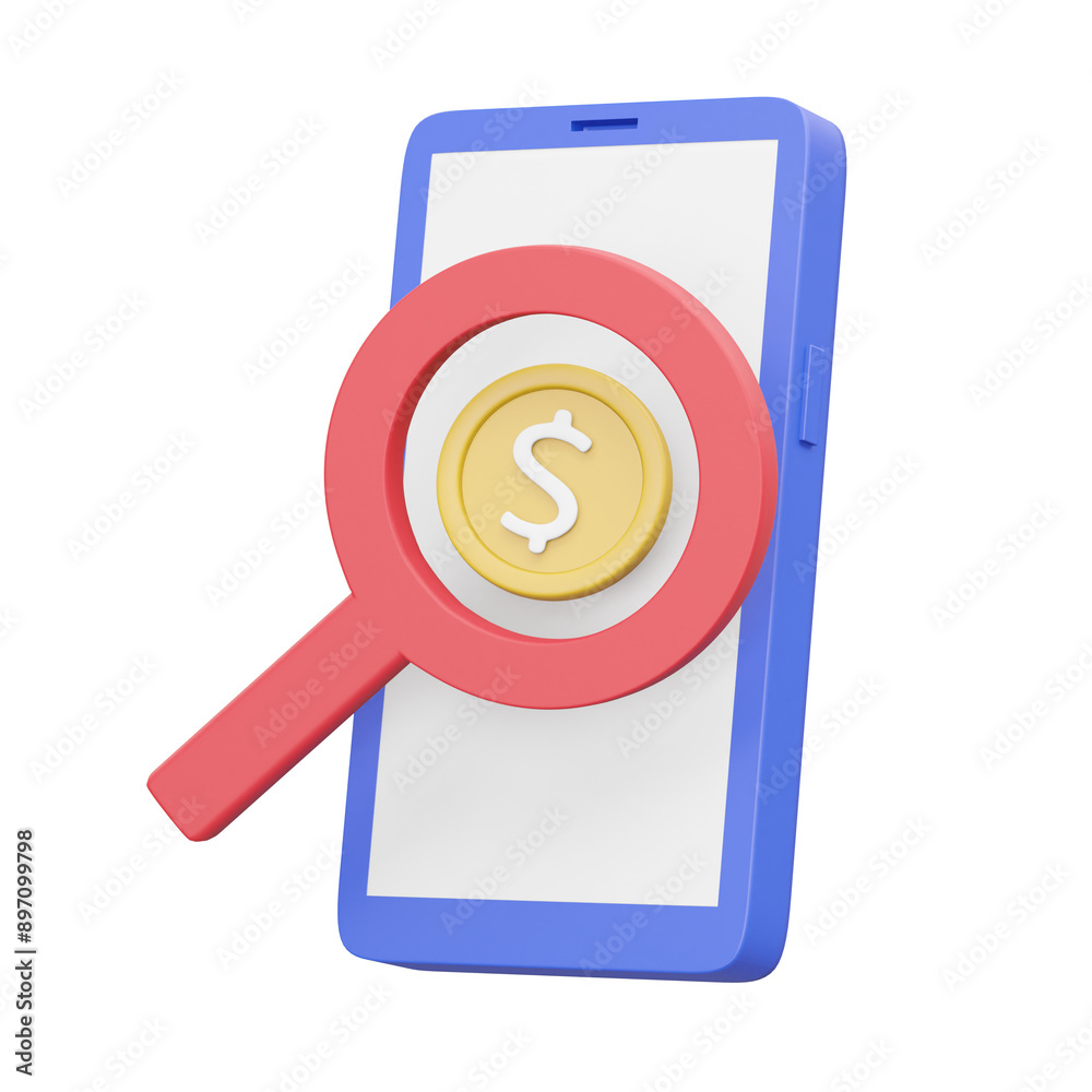 3D visualization of financial management and analysis concepts via mobile devices. with mobile phone icon with magnifying glass and coin isolated on transparent background.