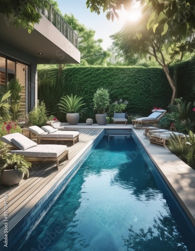 Luxurious garden pool with modern loungers and greenery