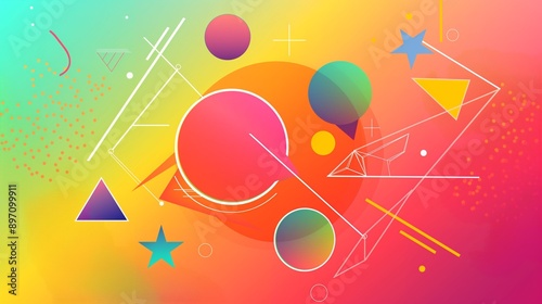 A lively geometric summer background with an explosion of colorful shapes like circles, triangles, and stars, set against a gradient backdrop of warm summer colors, ideal for posters.