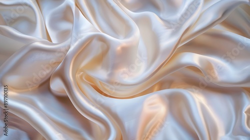 A close-up view of beige satin silk fabric reveals soft, flowing folds that exude elegance and luxury. The gentle curves and sheen of the satin 