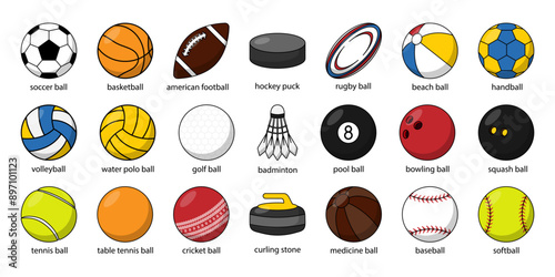 Types of sports balls such as soccer, basketball, volleyball, football, rugby and so on. Vector set of sports balls showcases the diversity of sports, perfect for athletic designs. Sport equipment.