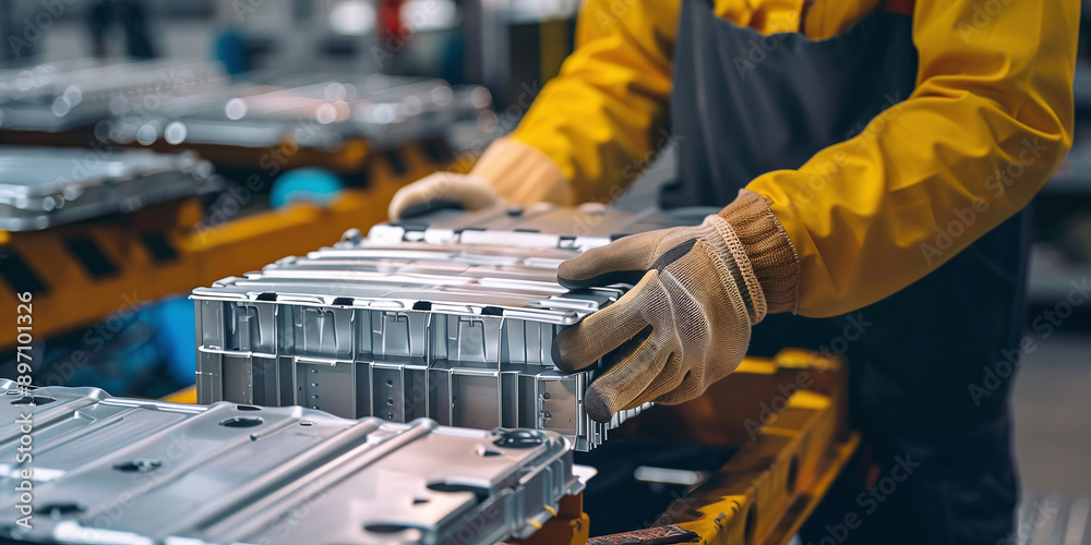 Selective focus hands in gloves of expert technician electric car, EV car while opened A used Lithium-ion car battery before its repair Selective focus hands in gloves of expert technician electric car, EV car while opened A used Lithium-ion car battery before its repair