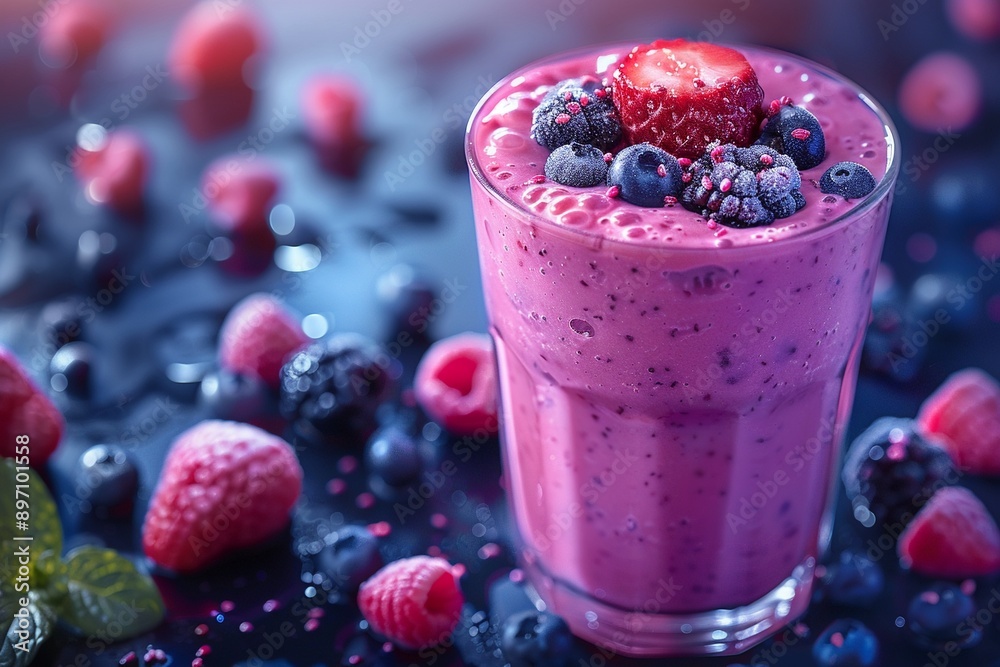 Freshly made smoothie with various superfoods fantasy vibrant colors whimsical background Freshly made smoothie with various superfoods fantasy vibrant colors whimsical background