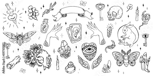 Mystical set with symbols crystals, tarot cards, witch hands and scull. Magic hand drawn illustration. 	