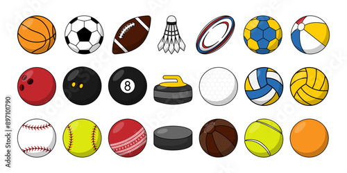 Set of sports balls featuring various types such as soccer, basketball, tennis, baseball, volleyball and so on. Vector collection showcases the diversity of sports, perfect for athletic-themed designs