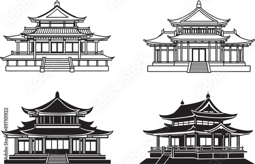 Set of traditional Japanese houses. Hand drawn vector illustration