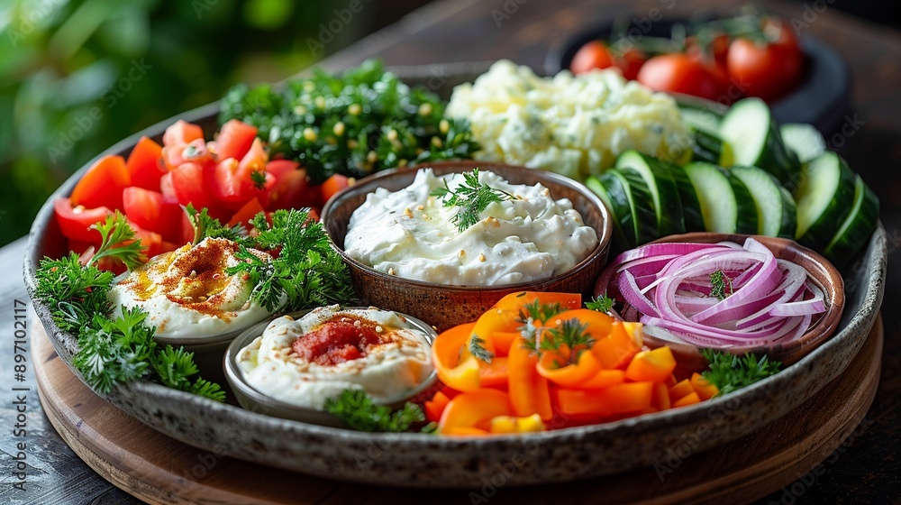 Fresh vegetable platter with dips realistic high detail natural lighting Fresh vegetable platter with dips realistic high detail natural lighting