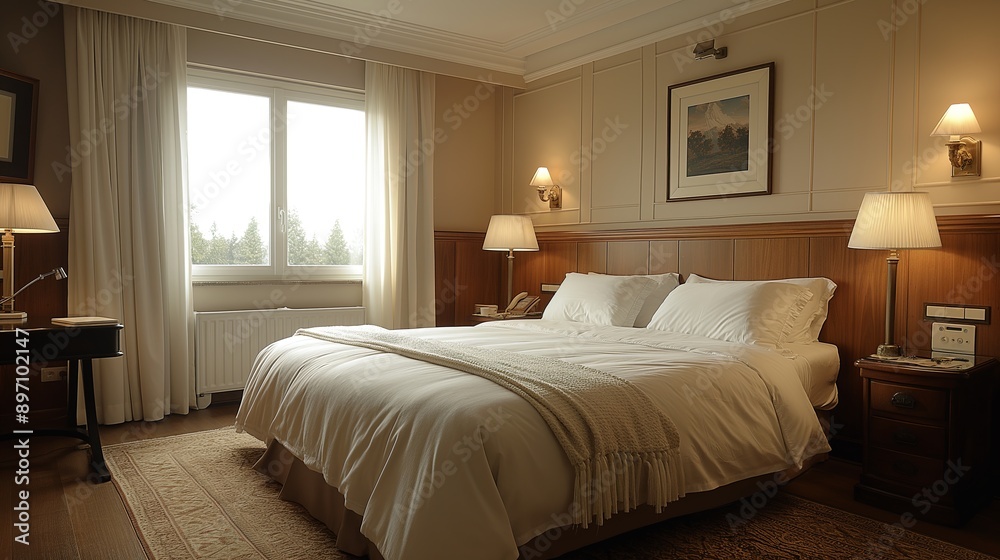 luxury and spacious hotel room interior with a big cozy bed and sot lightning