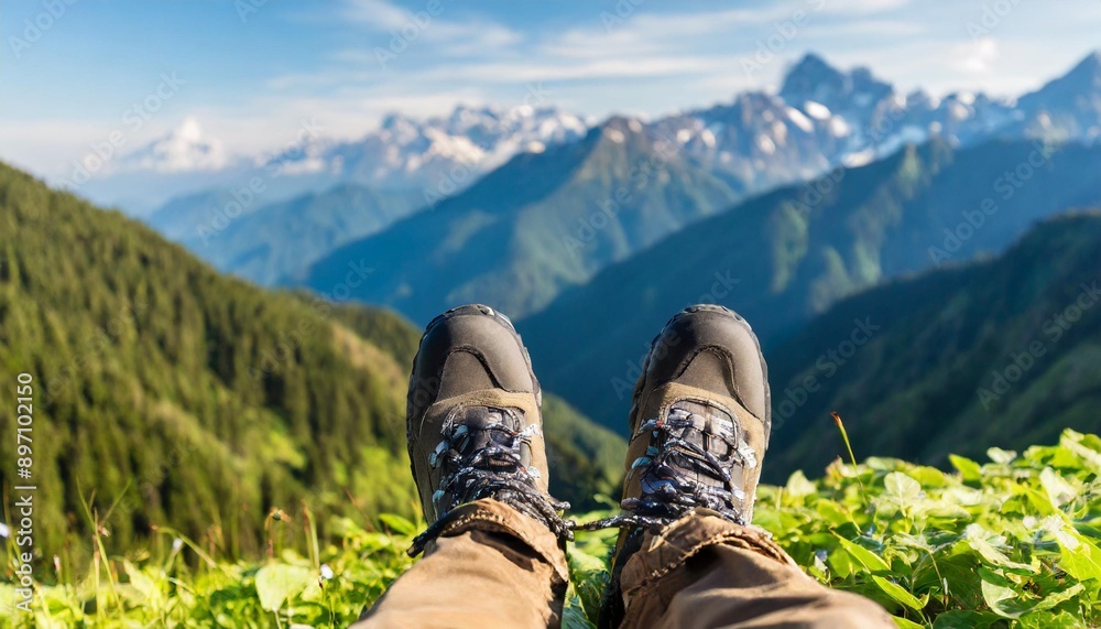 Hiker s boots and the mountain peaks at the background. Hiker s boots and the mountain peaks at the background.