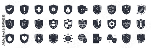 Vector solid icons defense shield. Protective symbol, safety and security of home, plants, mail from viruses and different troubles. Medieval shield and sword, coat of arms. Silhouette black set