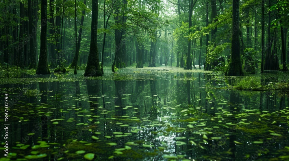 Tranquil forest swamp filled with lush greenery and reflecting still waters creates a peaceful and calming atmosphere Tranquil forest swamp filled with lush greenery and reflecting still waters creates a peaceful and calming atmosphere