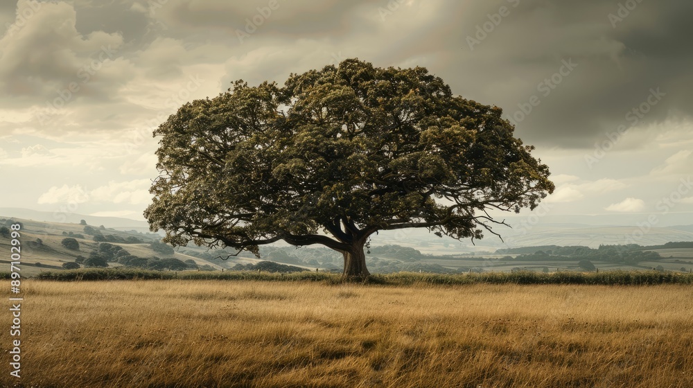 Naklejka premium A single tree stands alone in a vast field beneath the dramatic expanse of a cloudy sky