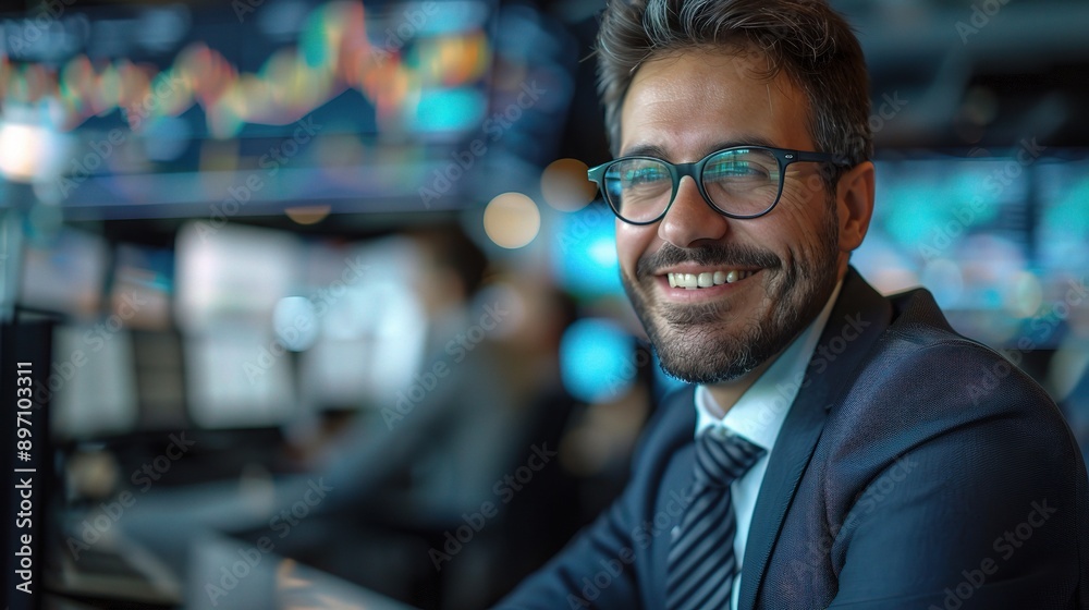 Confident Visionary: A handsome businessman in a crisp suit and glasses smiles confidently, radiating an aura of success and ambition. His eyes sparkle with determination, suggesting a strategic mind Confident Visionary: A handsome businessman in a crisp suit and glasses smiles confidently, radiating an aura of success and ambition. His eyes sparkle with determination, suggesting a strategic mind